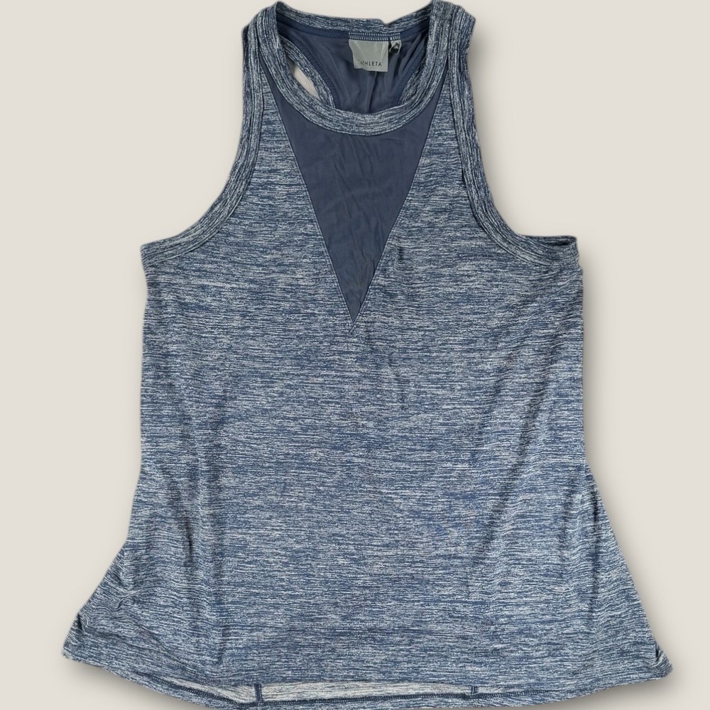 Athleta High Neck Chi Tank Top S‎ Blue Heathered Mesh Racerback Yoga Running